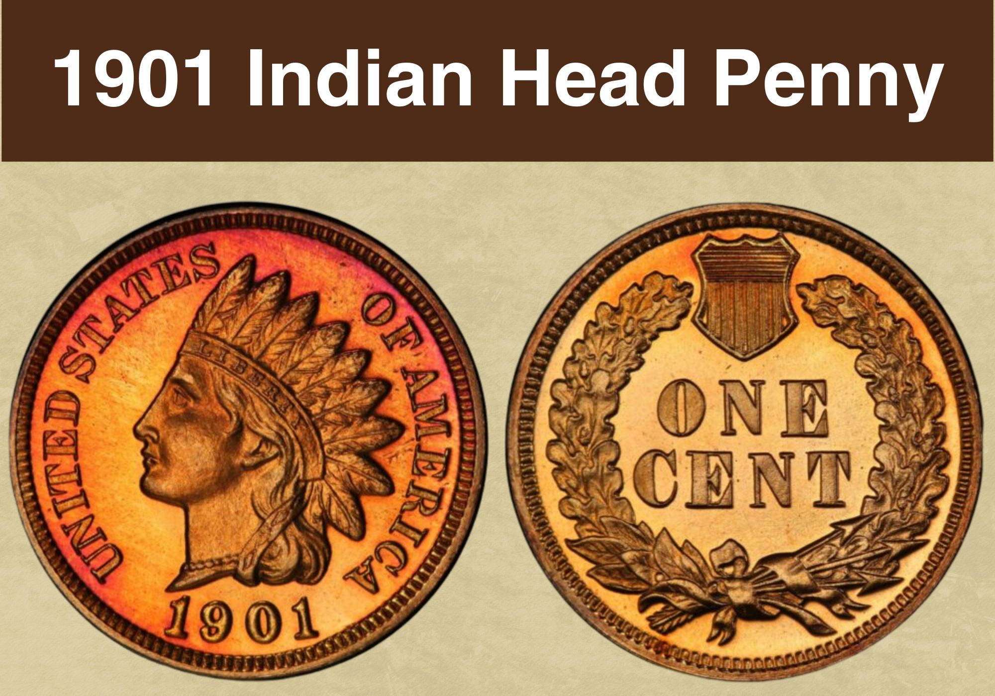 1901 Indian Head penny obverse and reverse showing feather detail and Liberty headband