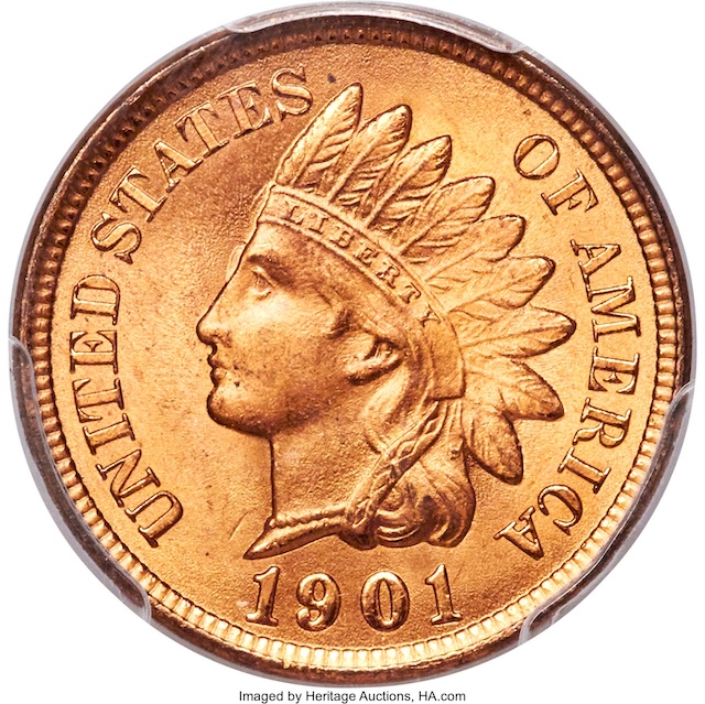 Side-by-side comparison of common 1901 Indian Head penny date versus FS-301 repunched date variety showing doubling on 01 digits