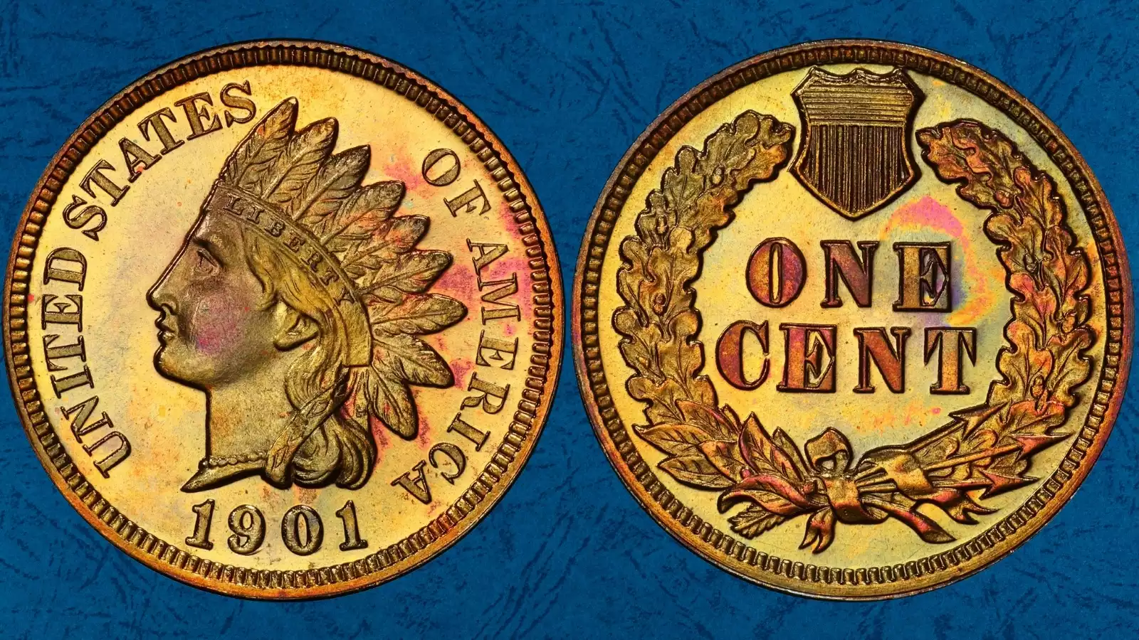 1901 Indian Head penny Proof Cameo showing frosted portrait devices against mirror-like polished fields