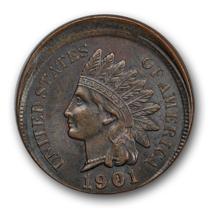 1901 Indian Head penny off-center strike error with shifted design and blank planchet crescent