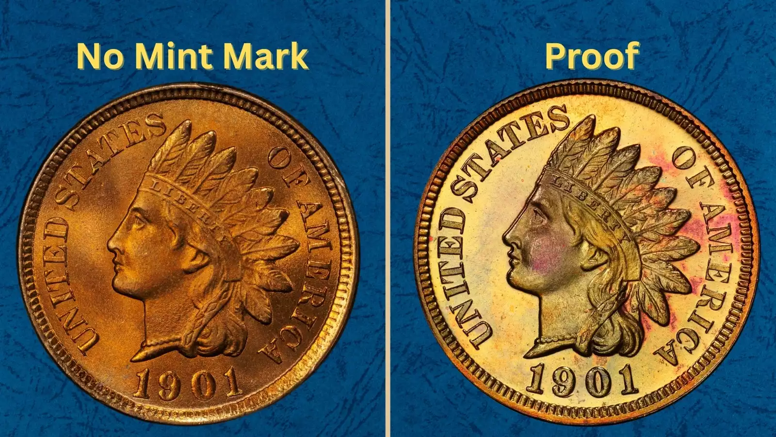 1901 Indian Head penny grading strip showing four condition tiers: Good, Fine, Extremely Fine, and Mint State